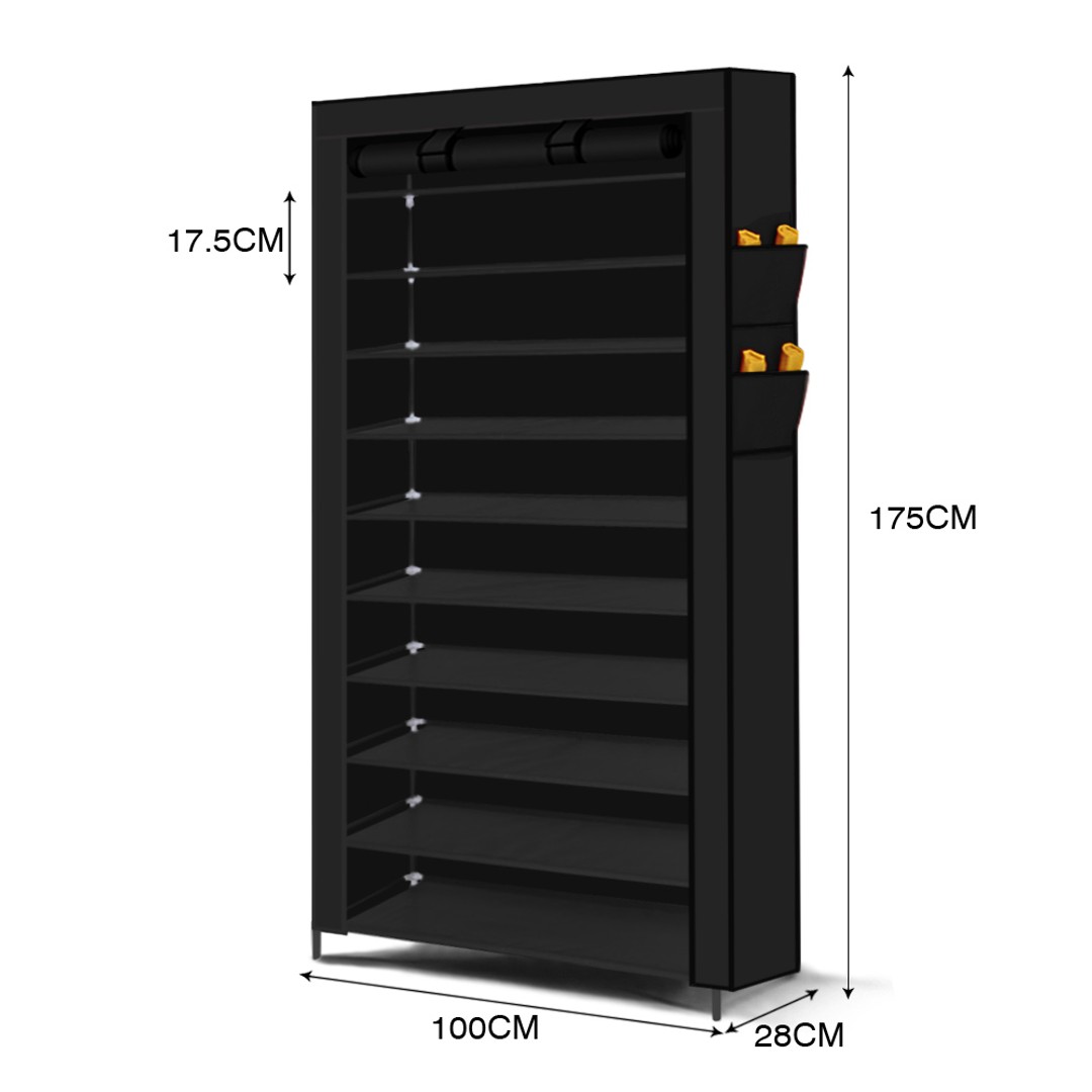 Levede 10 Tier Shoe Rack Portable Storage Cabinet Organiser Wardrobe Black Cover, Black, hi-res