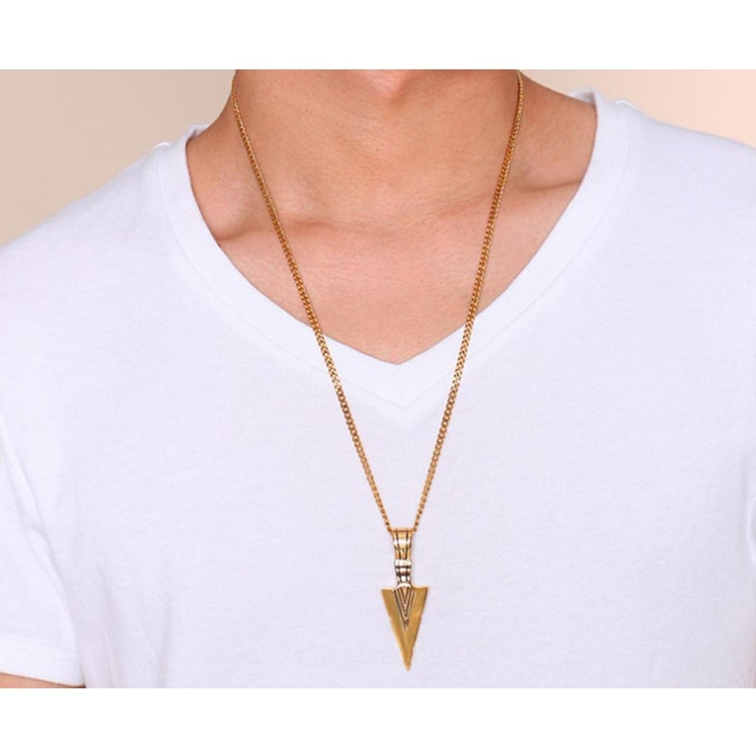Stainless Steel Arrow Symbol Men's Pendant Necklace Spear Shaped Gold, As shown, hi-res