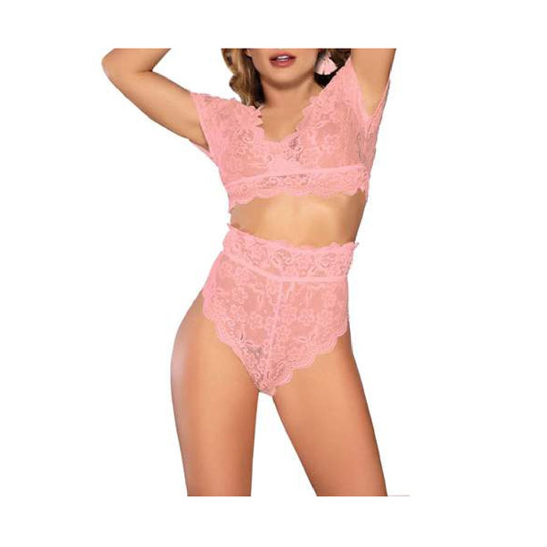 Pink Lace Bra Top Lingerie Set Short Sleeve