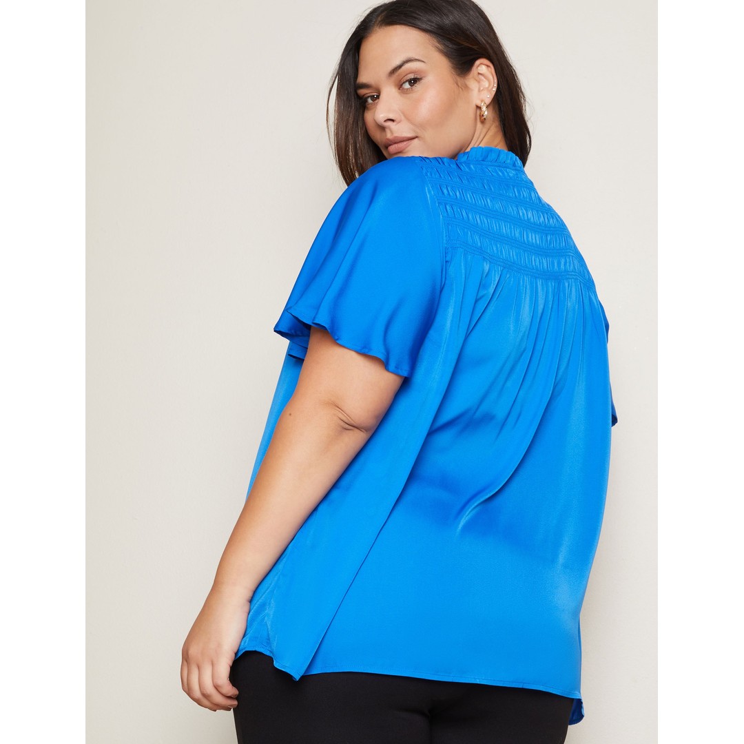 Womens Autograph Elbow Sleeve Smocked Front Satin Top - Plus Size, Blue, hi-res
