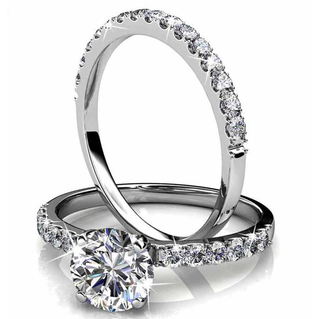 18K White Gold Premium Crystal Wedding Ring Set "Harmony"