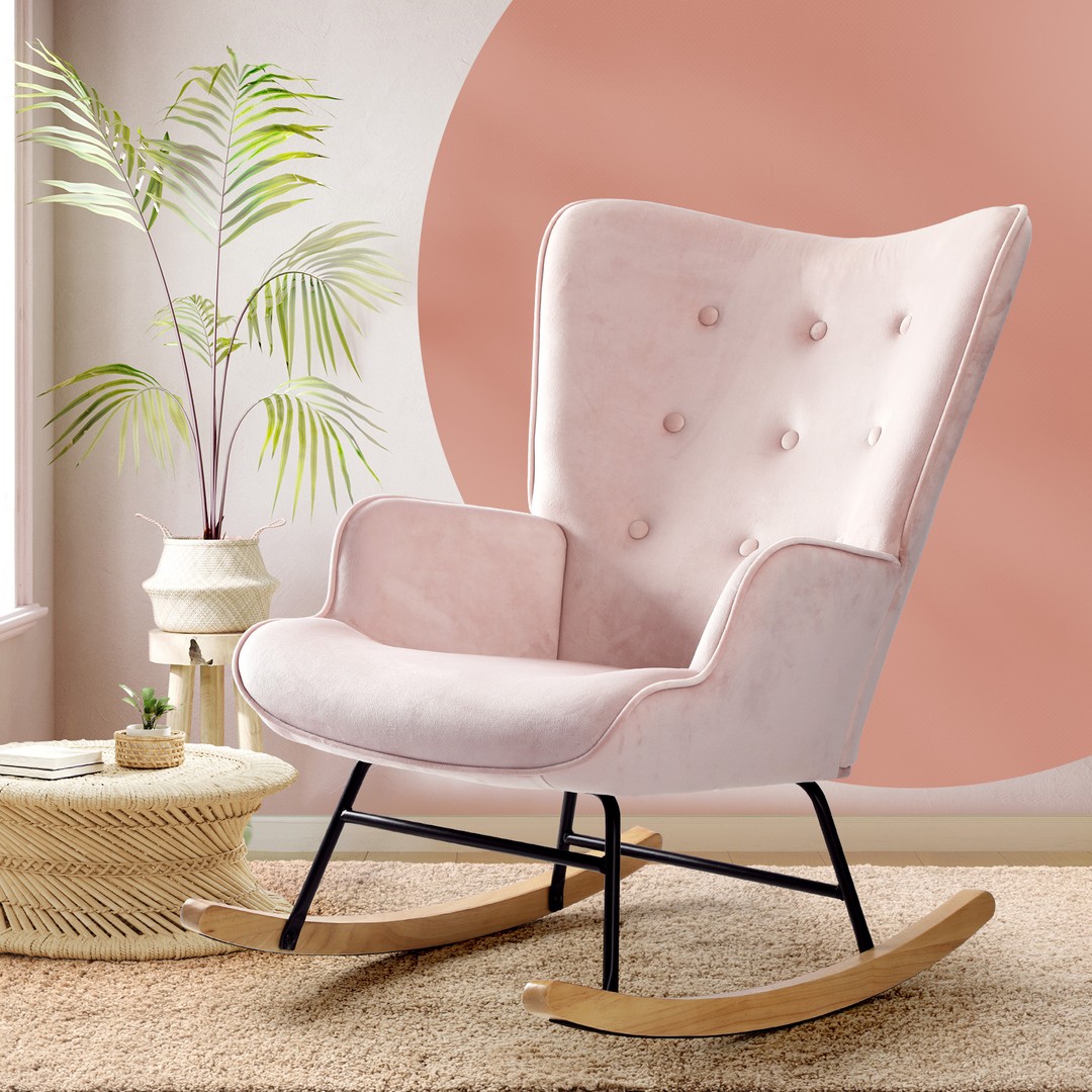 Oikiture Rocking Chair Armchair Velvet Accent Chairs Fabric Upholstered Pink