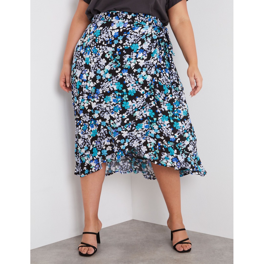 BeMe - Plus Size - Womens Skirts - Midi - Summer - Blue - Floral - Work Clothes - Multi Ditzy - Oversized - Tie Waist - Knee Length - Office Fashion