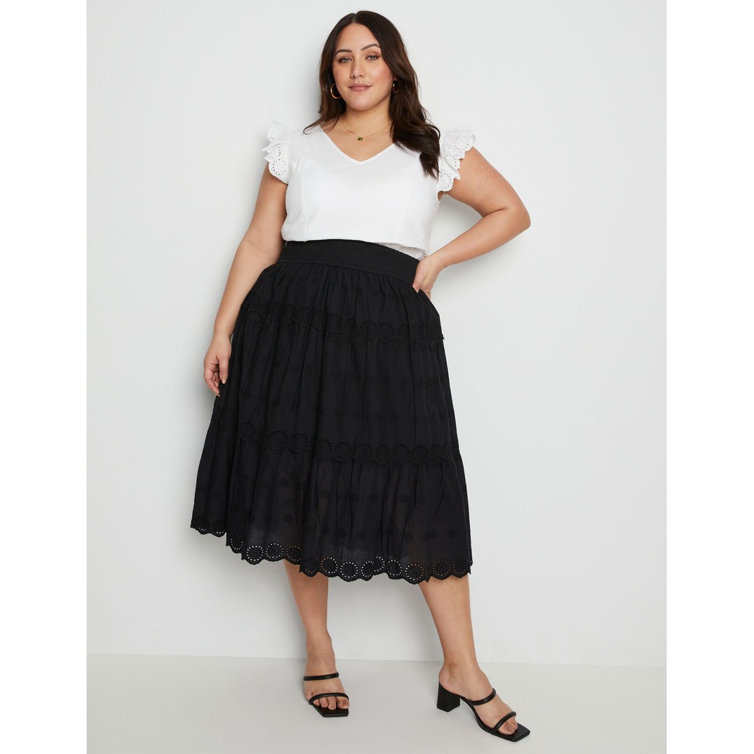 BeMe - Plus Size - Womens Skirts - Midi - Summer - Black - Cotton - A Line - Oversized - Broderie Tiered - Knee Length - Casual Fahion - Work Clothes