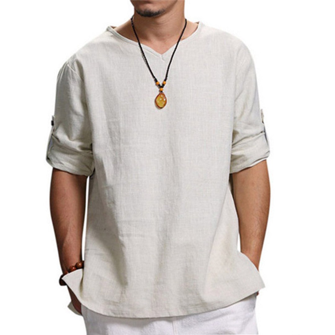 Men's 3/4 Sleeve Cotton-Linen Top White