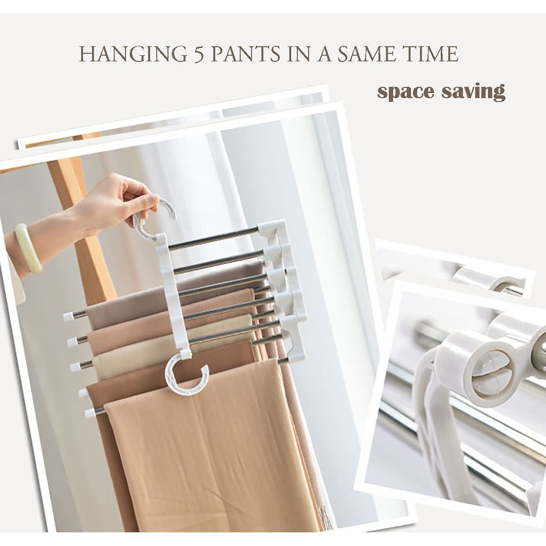 4 Pack Stainless Steel Adjustable 5 in 1 Pants Hangers Non-Slip Space Saving for Home Storage, Brown, hi-res