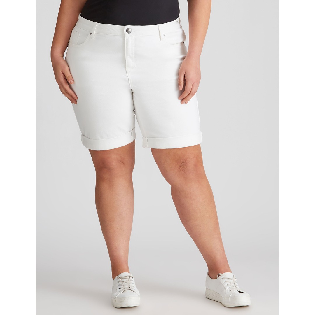 AUTOGRAPH - Plus Size - Womens White Shorts - Summer Cotton Mid Thigh High Waist - Fitted - Denim - Elastane - High Support Casual Chic Chino Outfit