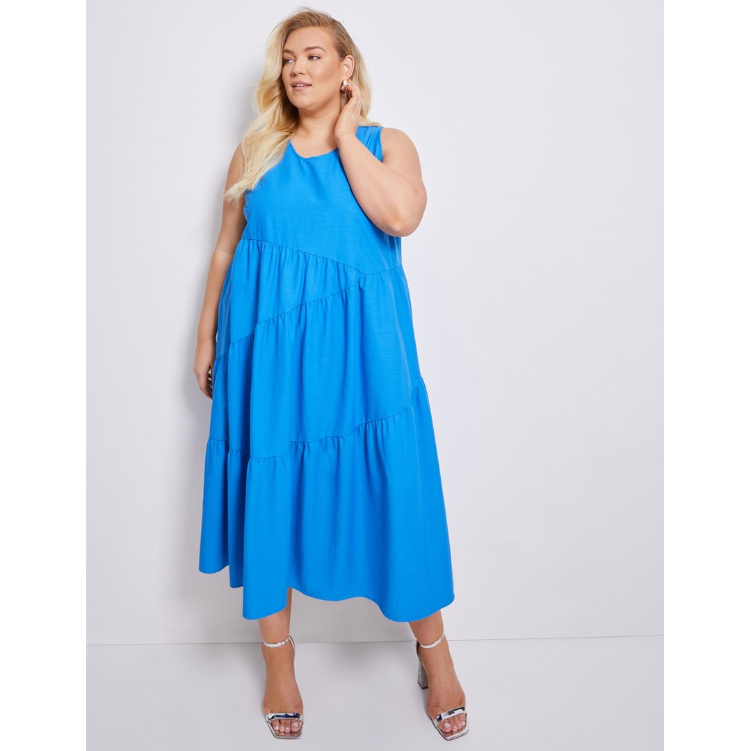 AUTOGRAPH - Plus Size - Womens Maxi Dress - Blue - Summer A Line Linen Fashion - Bright Blue - Sleeveless - solid - Woven - Women's Clothing