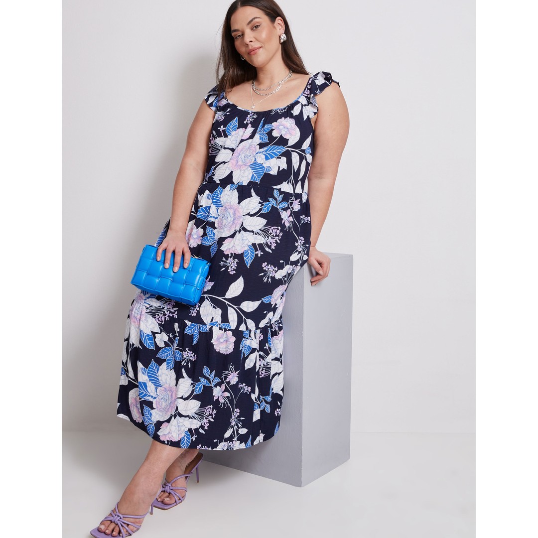 AUTOGRAPH - Plus Size - Womens Maxi Dress - Blue - Summer Floral A Line Fashion - Ocean  - Sleeveless - Florals - Flutter Cap Sleeve Women's Clothing