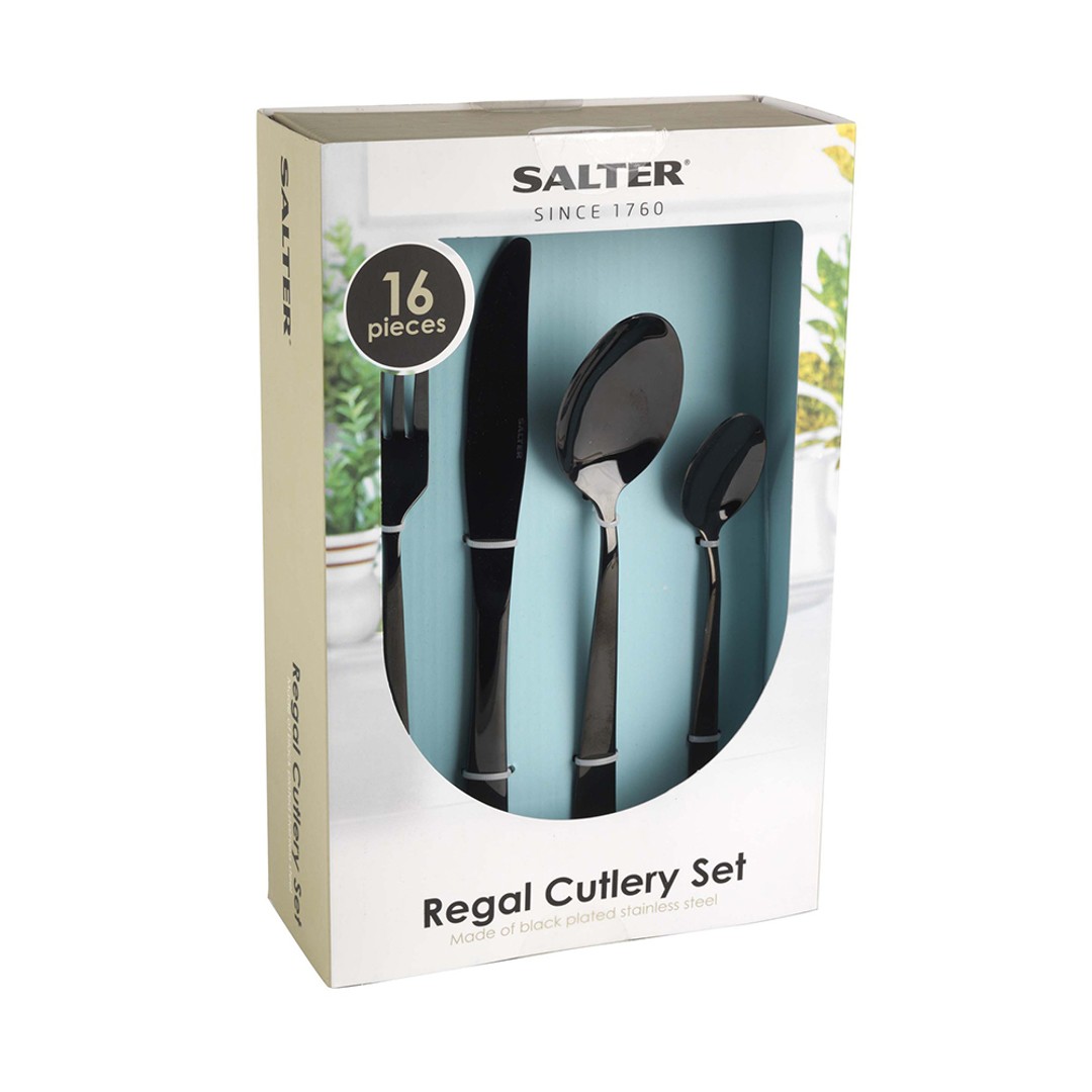 16pc Salter Regal Black Cutlery Set Knife/Spoon/Fork/Teaspoon Stainless Steel