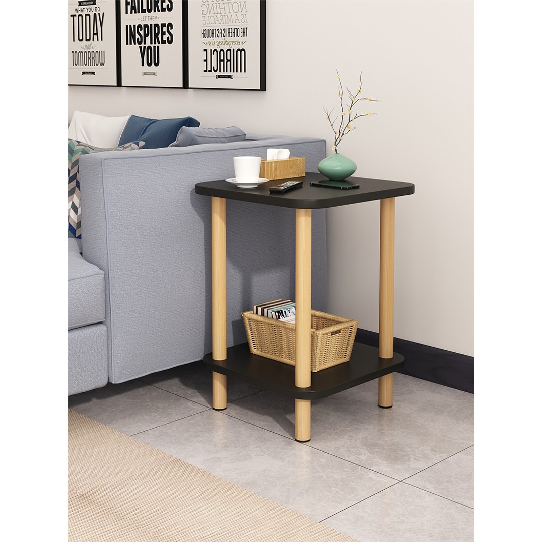 2-Tier Tall Square Wooden Side Table Bedside Table-Black