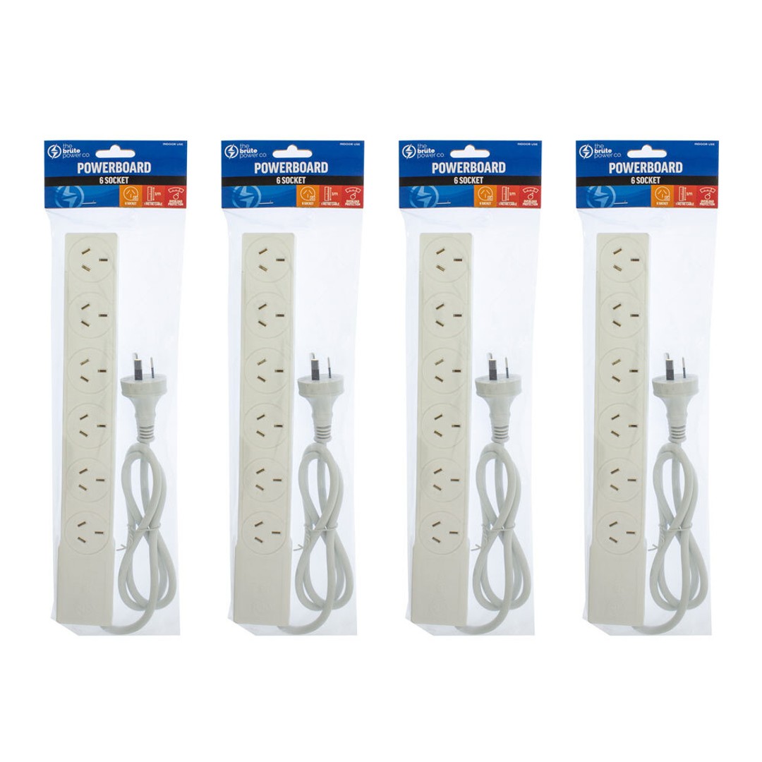 4PK The Brute Power Co Board 6 way 1m Cord/Cable Socket 10A Outlet/Strip White