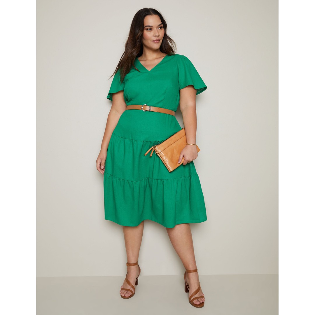 AUTOGRAPH - Plus Size - Womens Midi Dress - Green - Summer Linen Wrap Dresses - Green - Short Sleeve - Tiered  - Women's Clothing