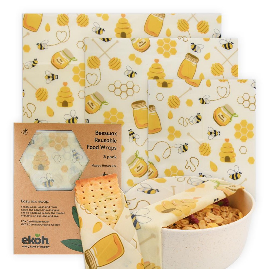 EKOH Reusable Food Wraps Organic Cotton Food Wrap - Happy Honey Bee Beeswax Print 3 pack