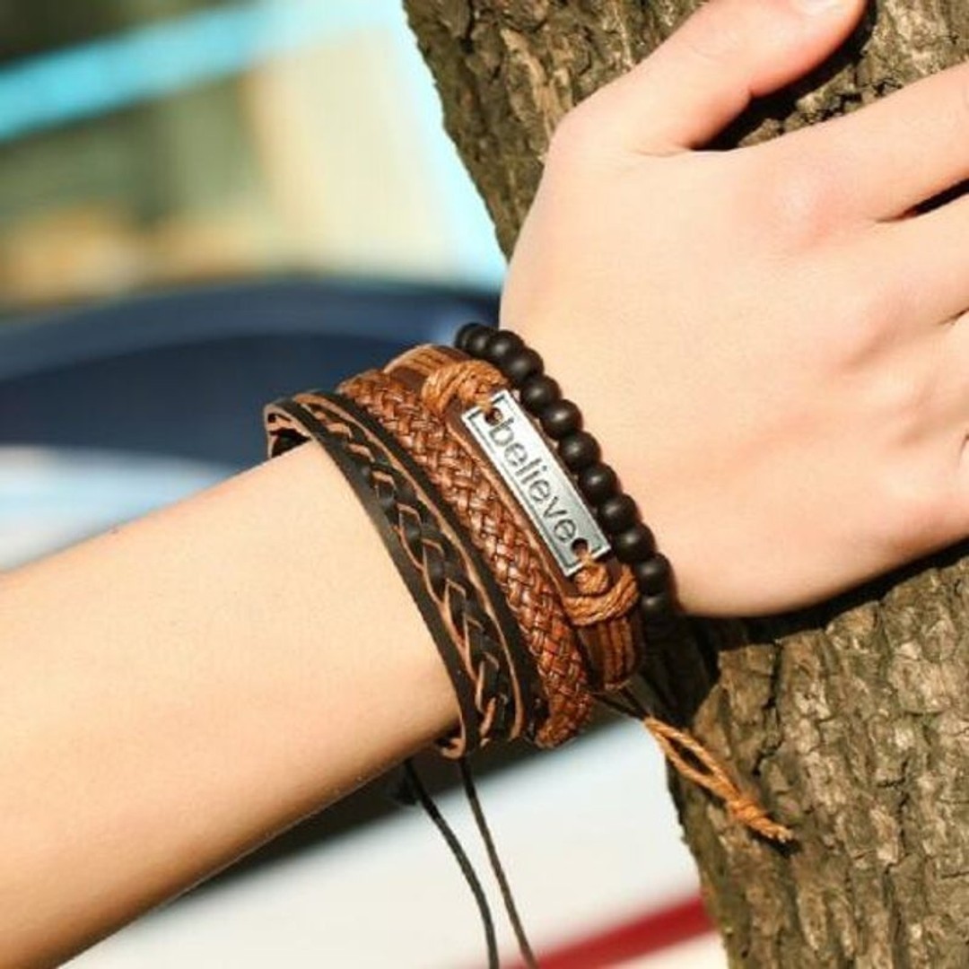 4 Pieces Beads Braided Leather Believe Charm Bracelet For Men Deep Coffee, As shown, hi-res