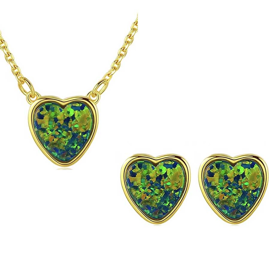 18K Gold Opal Jewellery Set Heart Shape "Luxor" (Green)