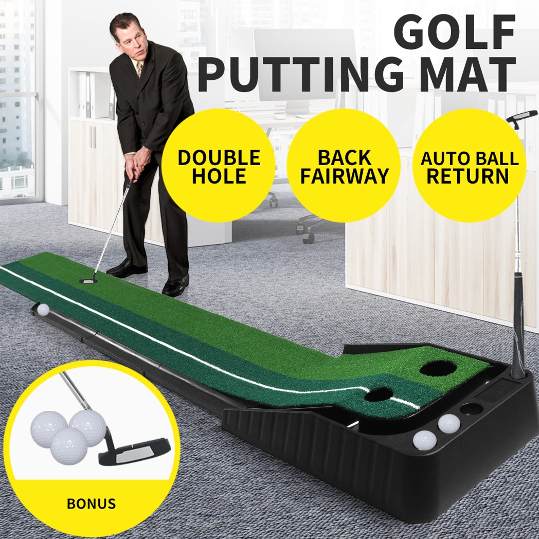 Centra Golf Putting Mat 250cmx40cm Portable Auto Return Practice Indoor Outdoor, Green, hi-res