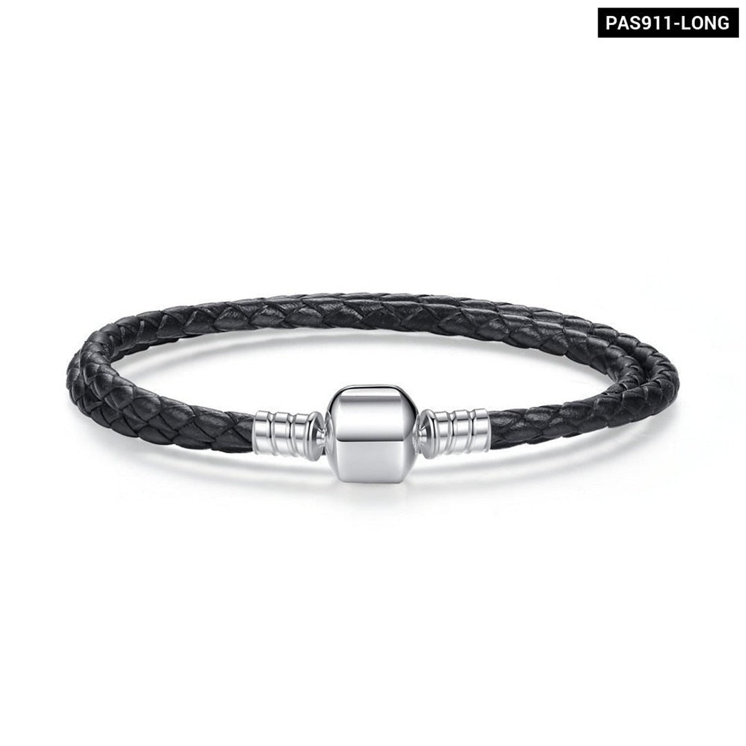 925 Sterling Silver Long Double Pink Black Braided Leather Chain Women Bracelets, Pas908-Long, hi-res