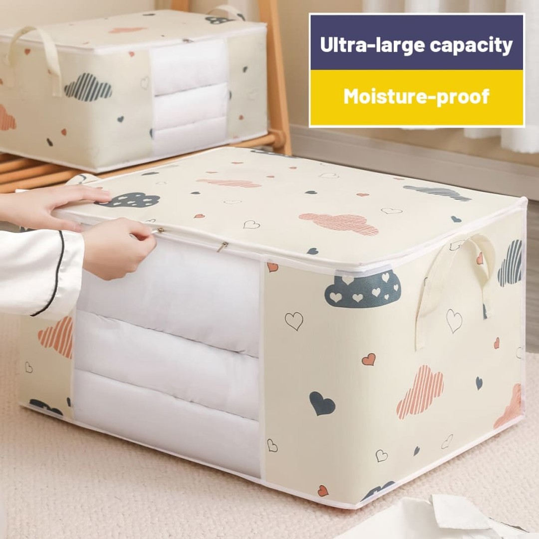 Large Capacity Clothes Storage Bag Organizer With Reinforced Handle Suitable For Blankets Bedding Foldable With Sturdy Zipper, Large Beige, hi-res
