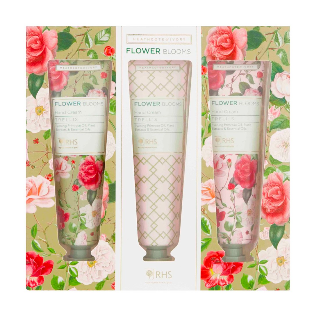 3pc Heathcote & Ivory 30ml RHS Flower Blooms Trellis Hand Cream/Balm Care Set