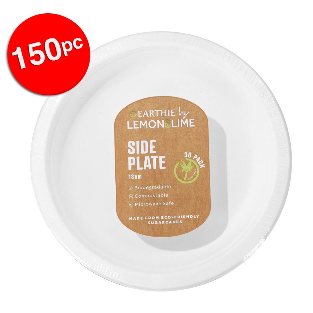150pc Lemon & Lime Eco/Biodegradable/Compostable Disposable 18cm Side Plate Whit