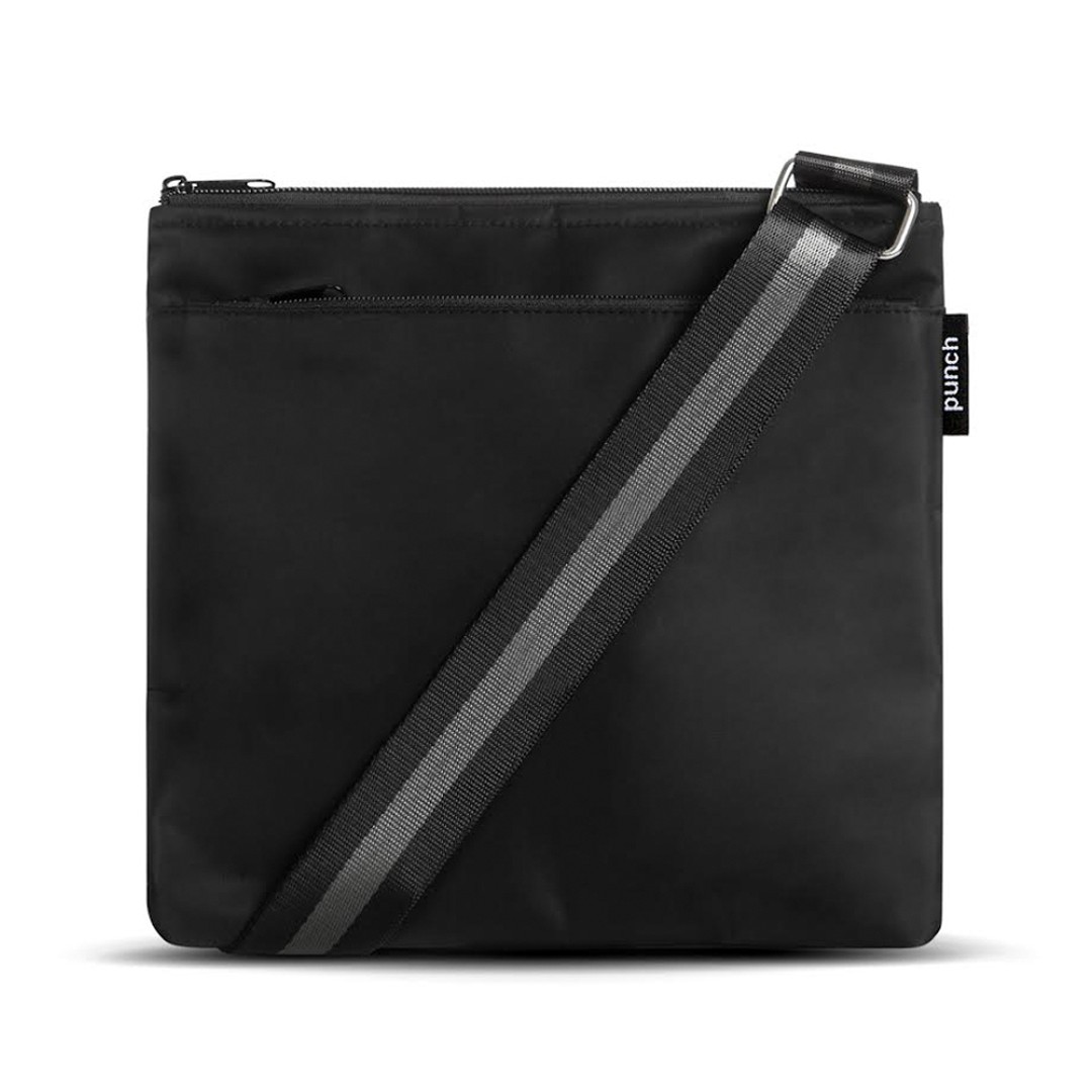 Punch Nylon Flat Womens/Ladies Casual Crossbody Black Carry Handbag w/Strap 28cm