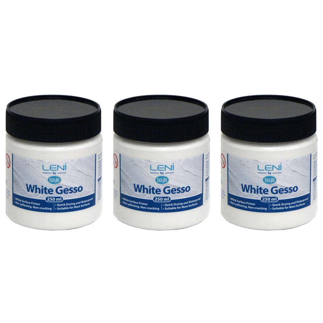 3x Boyle Leni Non-Toxic Quick Drying Waterproof White Gesso 250ml Surface Primer