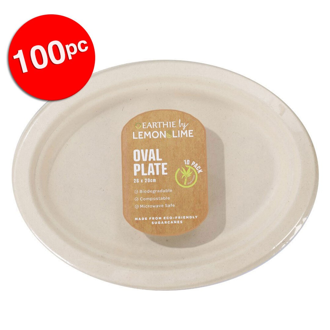 100pc Lemon & Lime Eco-Friendly/Biodegradable Disposable 26cm Oval Plate Natural