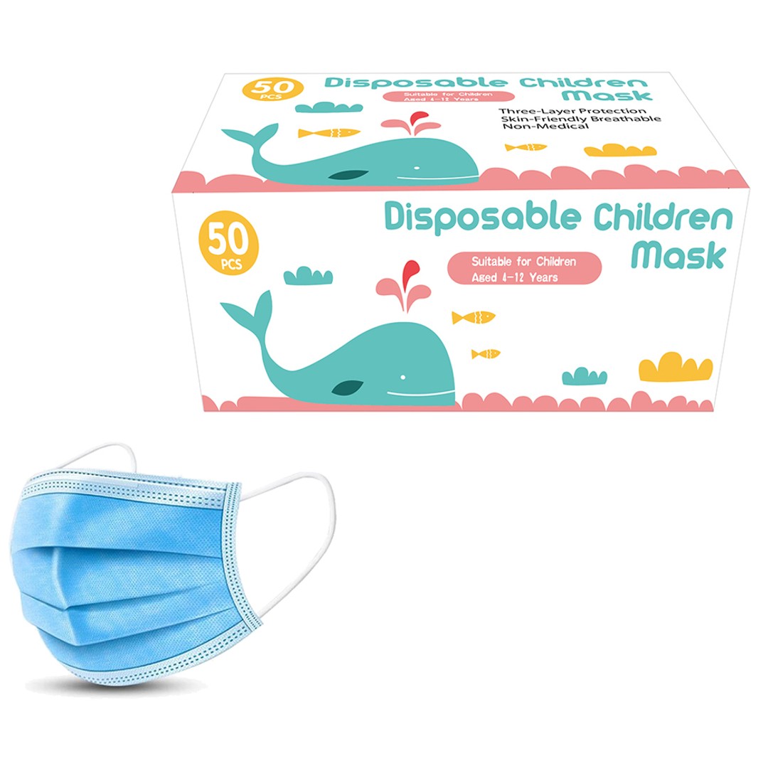 50pk Kids/Children 3-Ply Layer Non-woven Disposable Face Mask Protection 4-12y