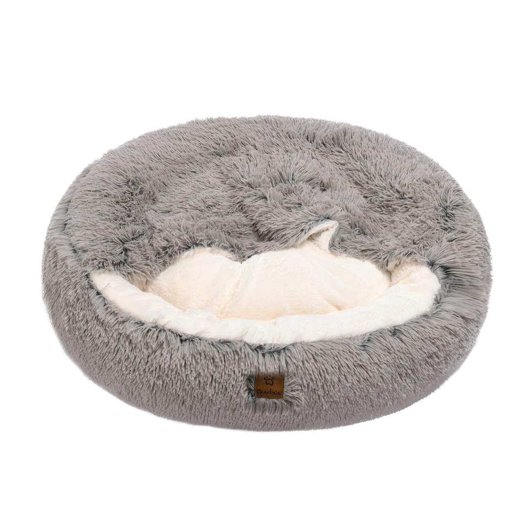 Charlie's Snookie Calming Hooded Dog Bed in Faux Fur Grey (Small, Medium, Large)