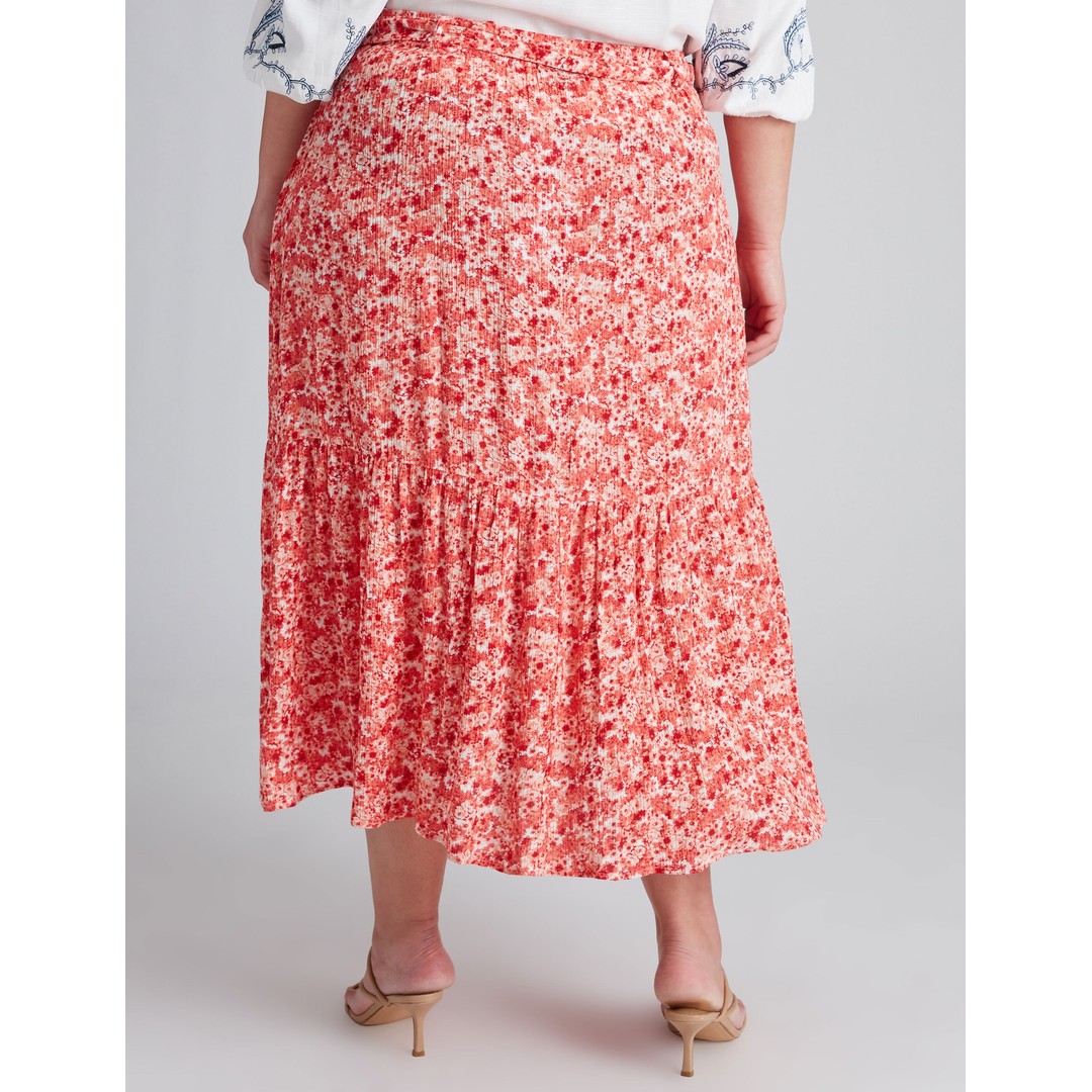 AUTOGRAPH - Plus Size - Womens Skirts - Midi - Summer - Pink - A Line - Clothes - Moroccan Ditsy - Oversized - Woven - Belted Tiered - Casual Fashion, Pink, hi-res