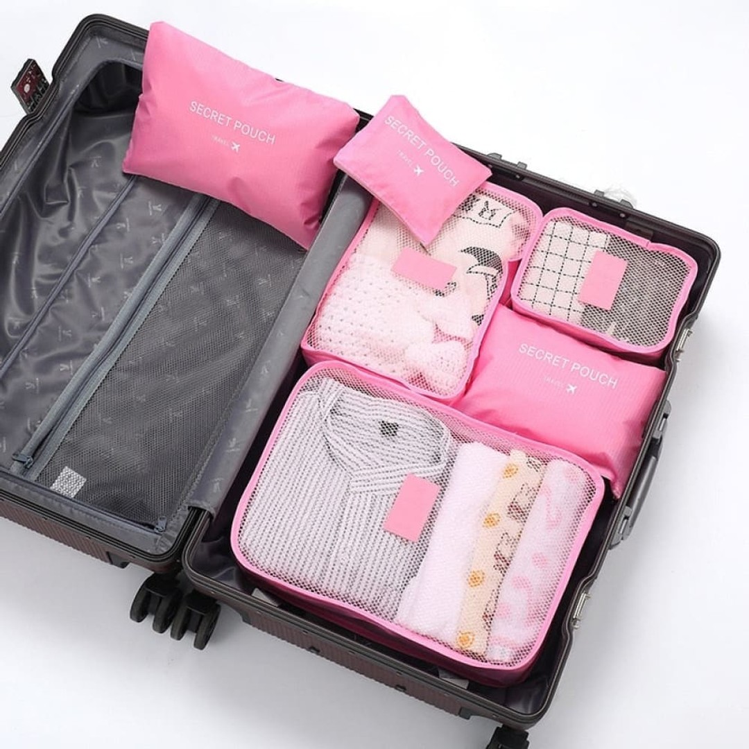 6 Pcs Travel Clothes Storage Waterproof Bags Portable Luggage Organizer Pouch Packing Cube 6 Colours, Pink, hi-res
