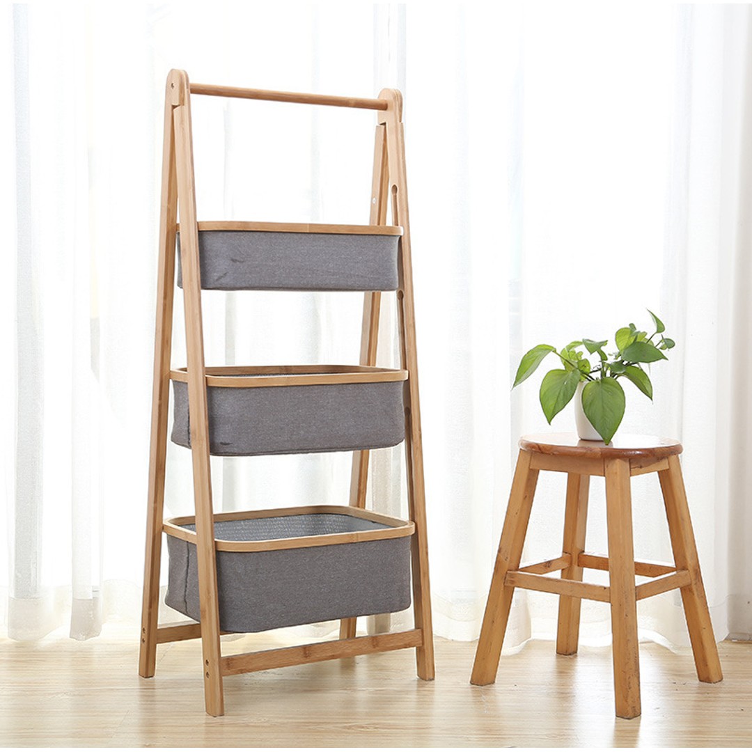 Natural Bamboo 3-Tier Laundry Basket Rack