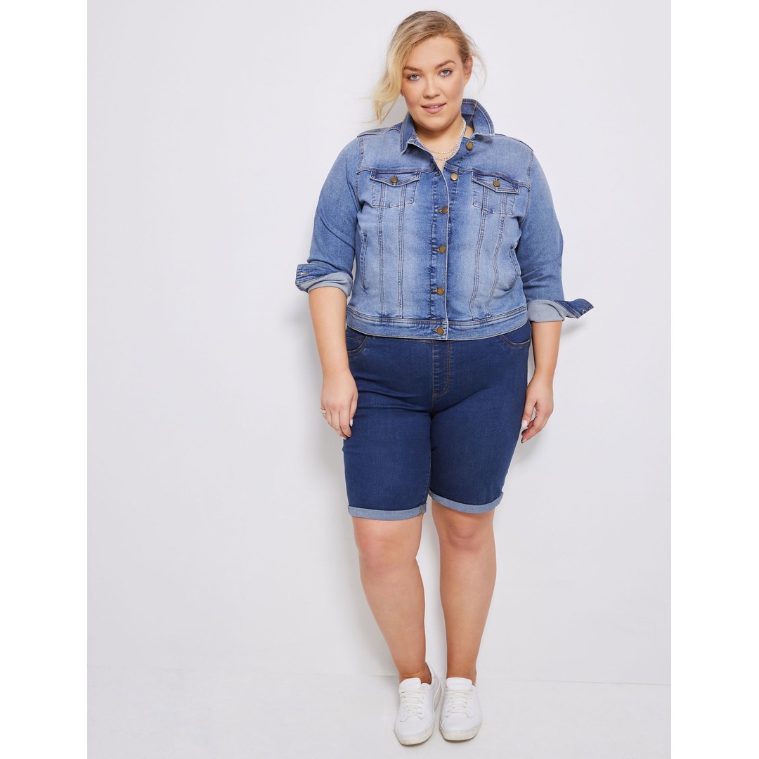 AUTOGRAPH - Plus Size - Womens Blue Shorts - Summer Cotton Clothing Knee Length - Mid Waist - Fitted - Denim - Cool Casual Beach Wear Comfort Fashion