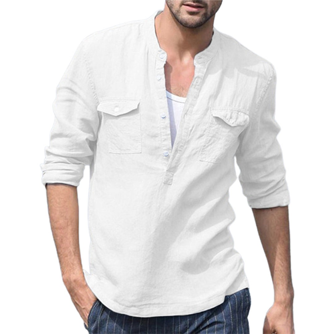 Men Cotton Linen V-Neck Button down Shirts Top Beach Holiday Shirt