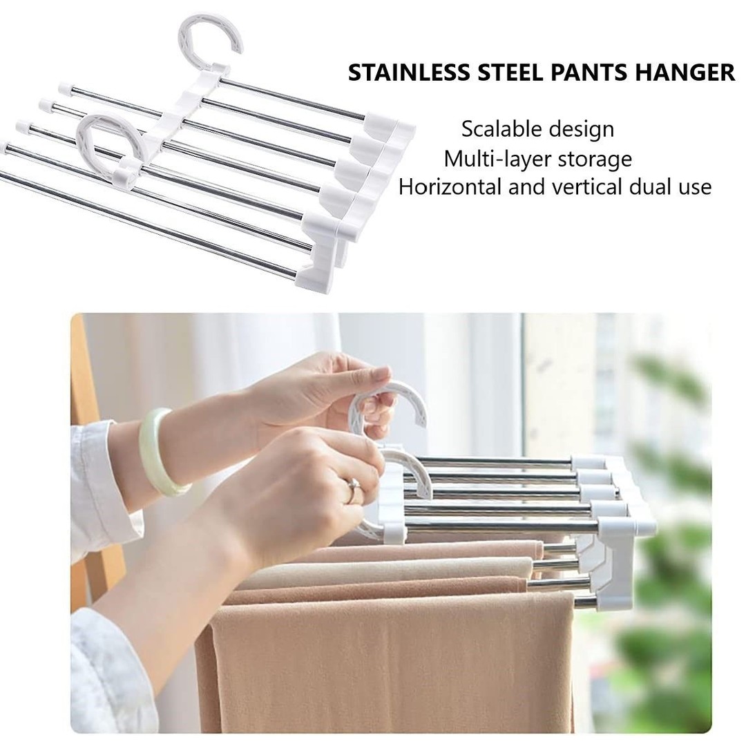 4 Pack Stainless Steel Adjustable 5 in 1 Pants Hangers Non-Slip Space Saving for Home Storage, Brown, hi-res