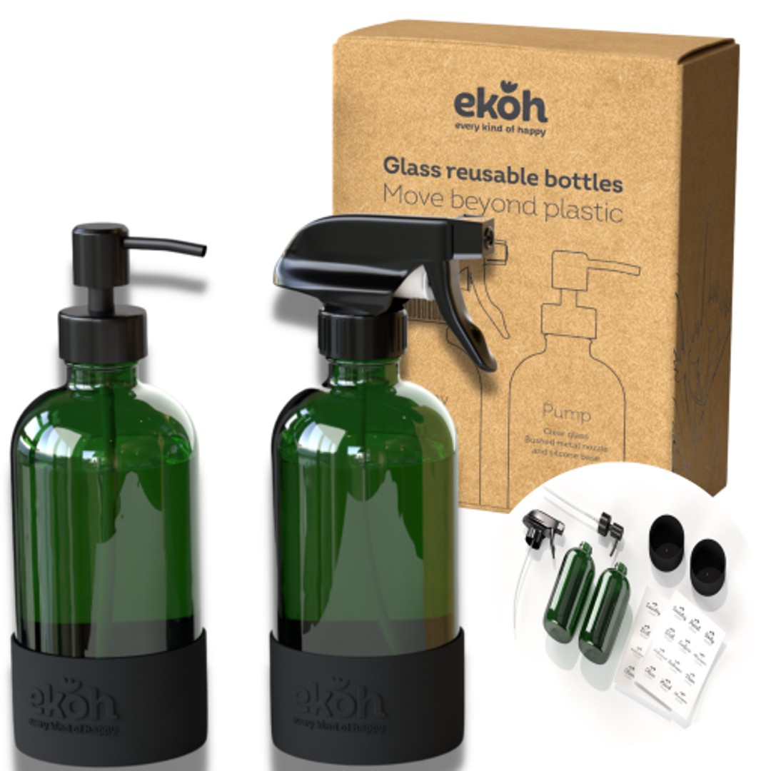 EKOH Green Glass Spray Bottles & Pump Dispenser 2pk - Refillable with Silicone Base & Pre-Printed Labels - Eco-Friendly Cleaning Bottles