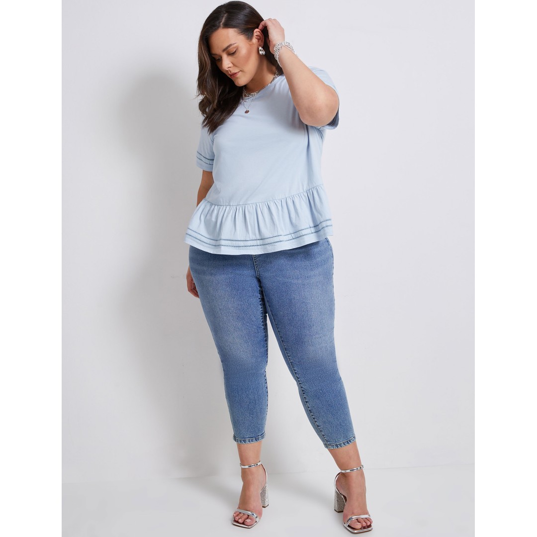 Womens Autograph Knitwear Short Sleeve Embroidered Peplum Top - Plus Size, Blue, hi-res