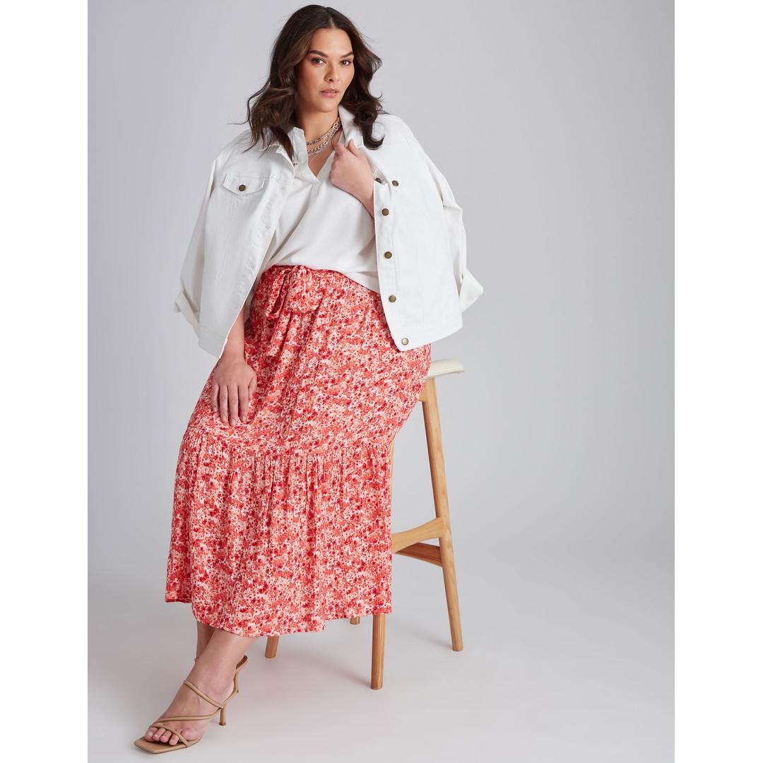 AUTOGRAPH - Plus Size - Womens Skirts - Midi - Summer - Pink - A Line - Clothes - Moroccan Ditsy - Oversized - Woven - Belted Tiered - Casual Fashion, Pink, hi-res