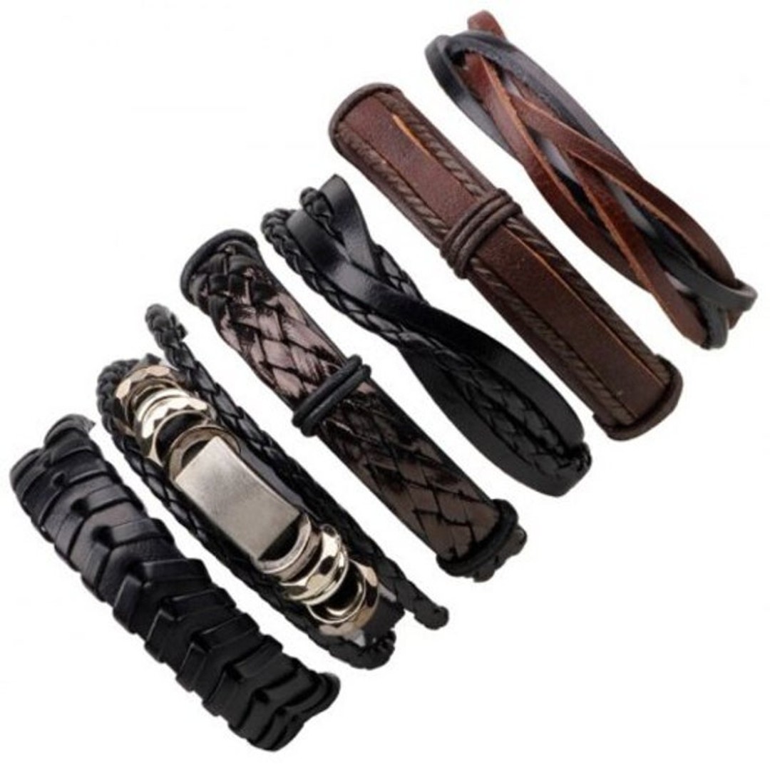 Multi Layer Retro Woven Pu Leather Bracelet 6Pcs, As shown, hi-res