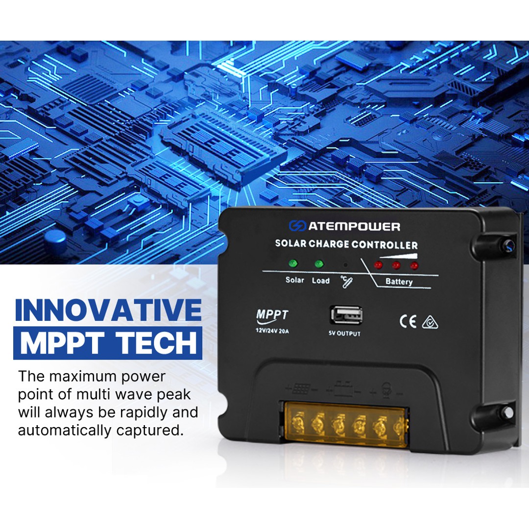 Atem Power 20A MPPT Solar Charge Controller Solar Panel Battery Regulator 12V/24V USB Output, , hi-res