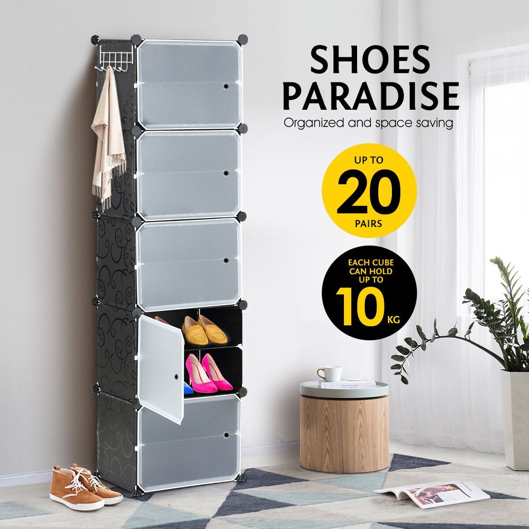 20 Pairs Stackable Shoe Storage Box Organiser Cube DIY Shoe Cabinet Rack Shelf 10 Tier Black, , hi-res