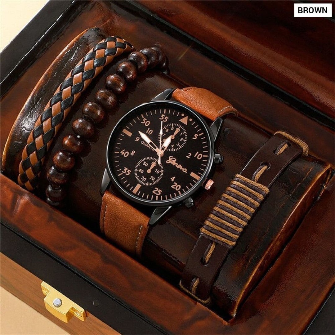 Men Watch Bracelet Set Fashion Business Brown Leather Quartz Wrist Watches for Men, Brown, hi-res