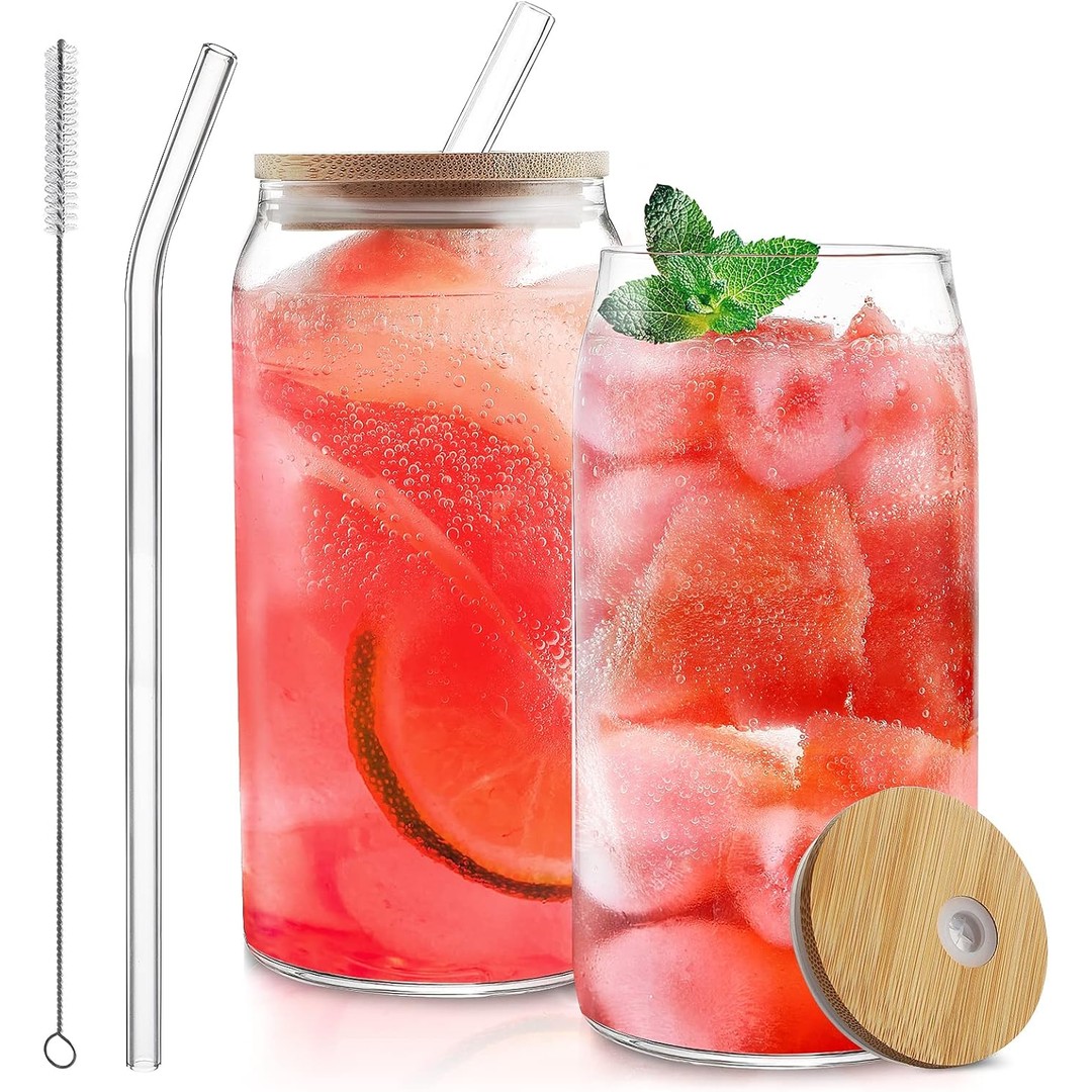 2 Pack Drinking Glass Cup with Bamboo Lid and Straw Set