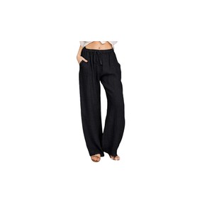 Women's Cotton Linen Drawstring Pants with Pockets-Black