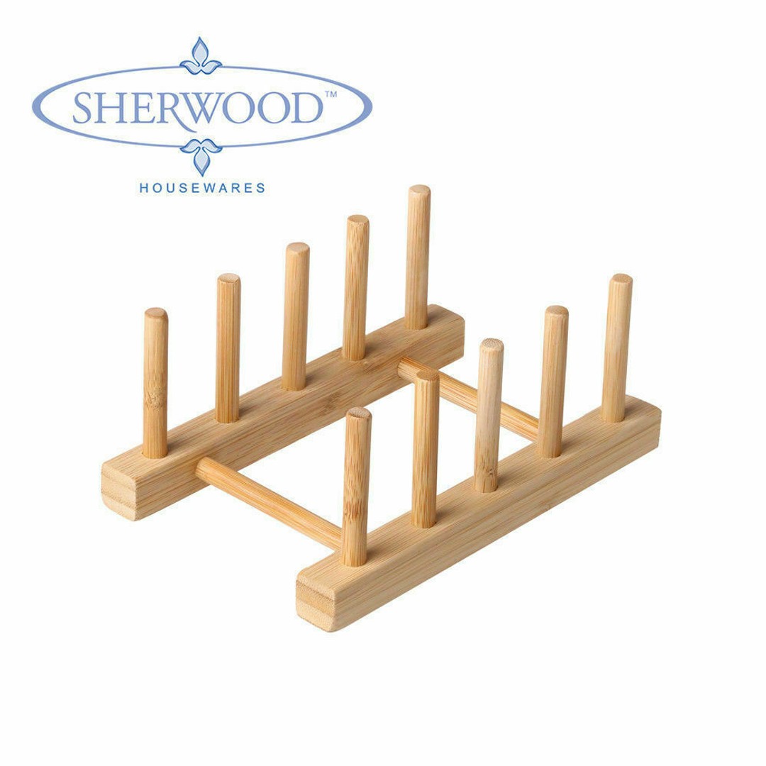 Sherwood Home 2 Pack Bamboo Standing Plate Rack - Natural Brown - 18x11.5x7.5cm, Natural Brown, hi-res