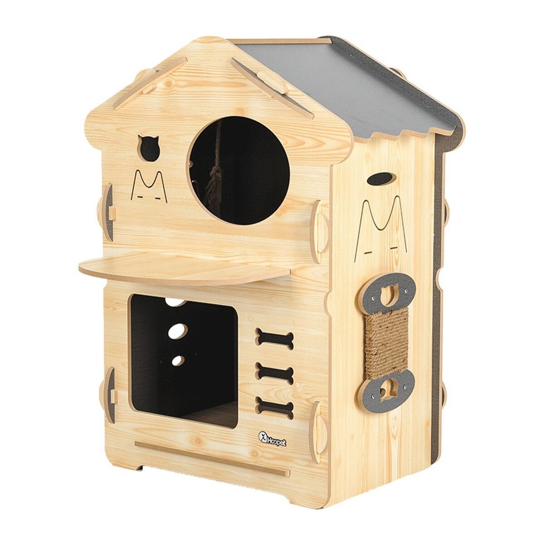2 Layer Large Wooden Cat House Condo Indoor Kitty Scratching Playhouse Durable for Cats Rabbit