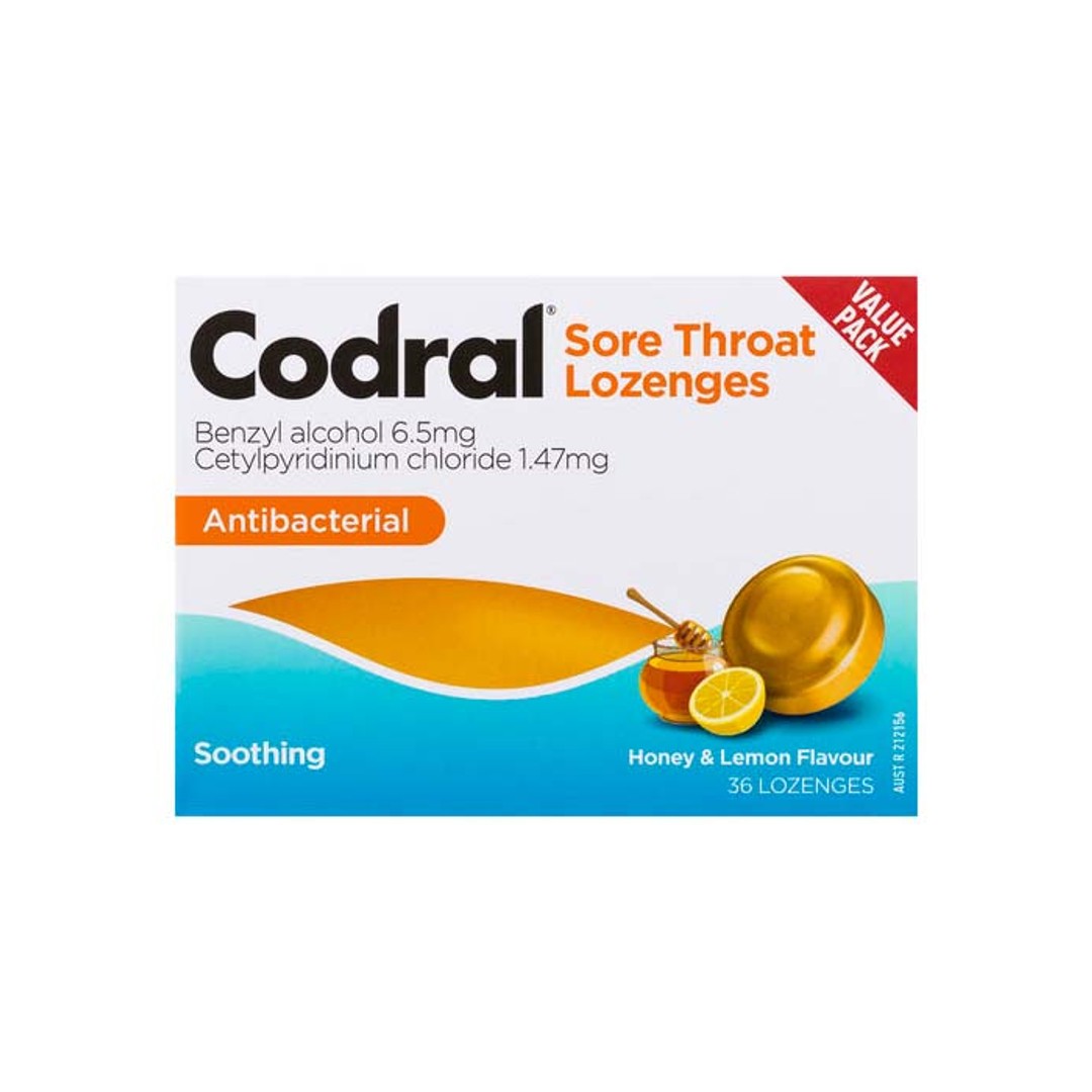Codral Sore Throat Lozenges Antibacterial Honey & Lemon 36 Pack