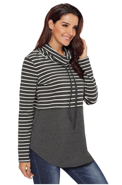Azura Exchange Grey Striped Colorblock Drawstring Cowl Neck Sweatshirt