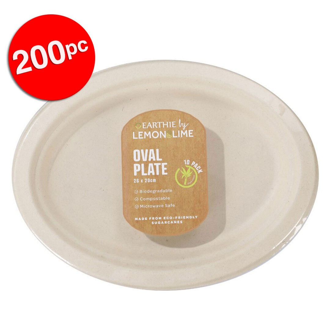 200pc Lemon & Lime Eco-Friendly/Biodegradable Disposable 26cm Oval Plate Natural